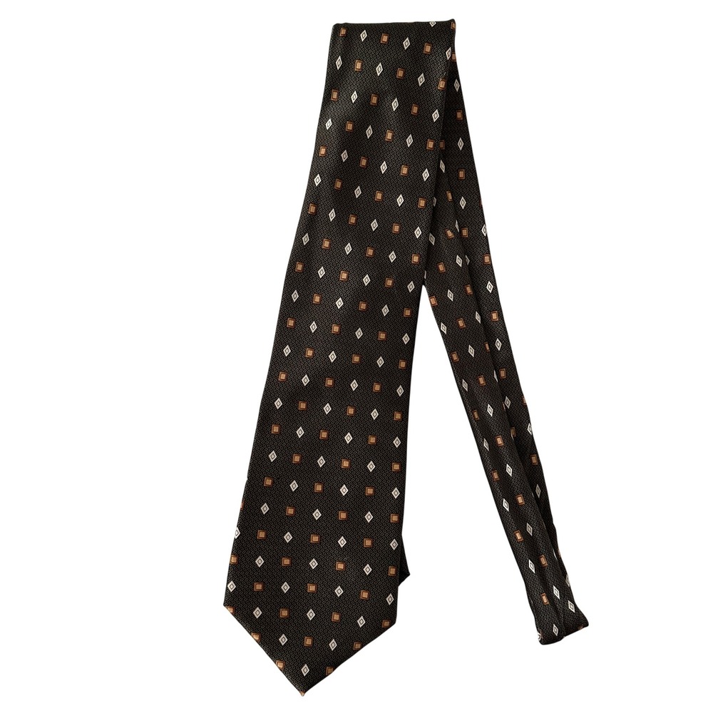 Do Re Collections Mens Silk Tie Olive Green, brown Geometric Diamond Handmade